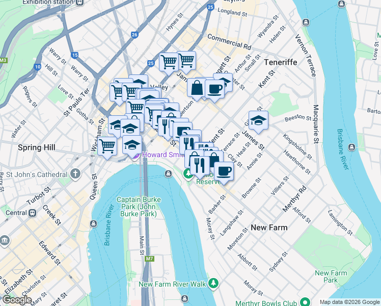 map of restaurants, bars, coffee shops, grocery stores, and more near 550 Brunswick Street in New Farm
