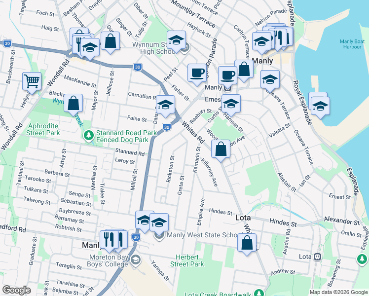 map of restaurants, bars, coffee shops, grocery stores, and more near 17 Greta Street in Manly West