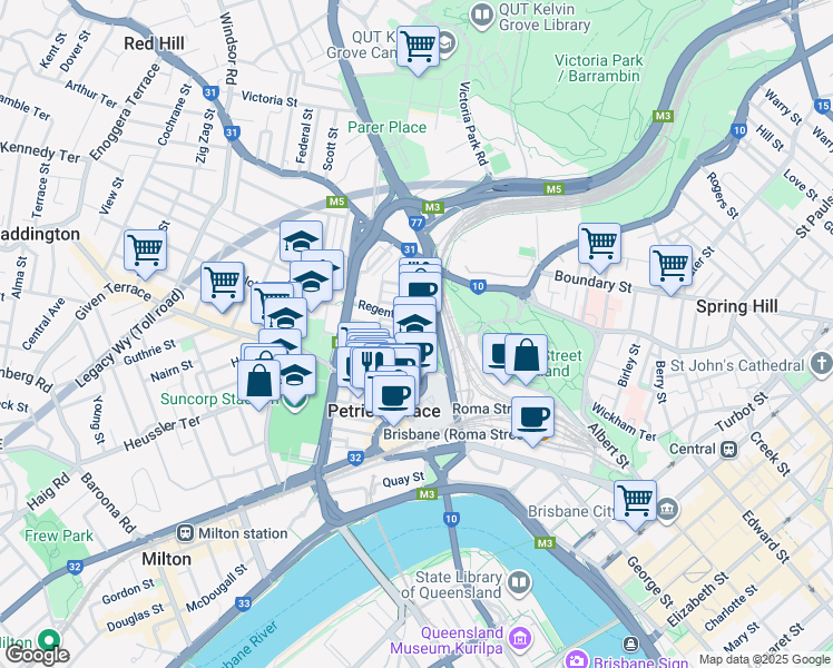 map of restaurants, bars, coffee shops, grocery stores, and more near 186 Petrie Terrace in Brisbane