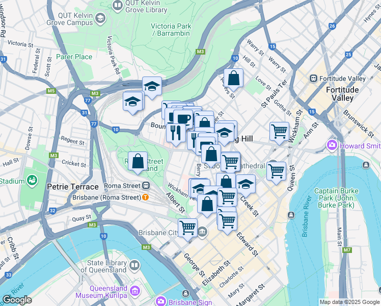 map of restaurants, bars, coffee shops, grocery stores, and more near 59 Leichhardt Street in Spring Hill