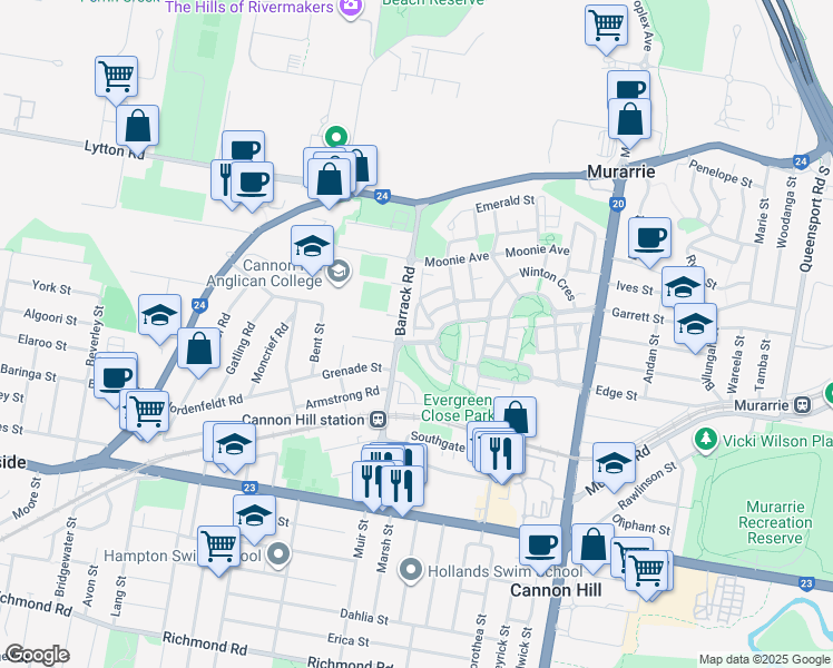 map of restaurants, bars, coffee shops, grocery stores, and more near 38 Village Circuit in Murarrie