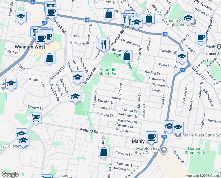 map of restaurants, bars, coffee shops, grocery stores, and more near 7 Tantani Street in Manly West
