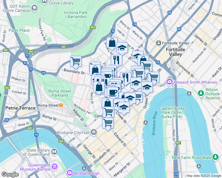 map of restaurants, bars, coffee shops, grocery stores, and more near 189 Leichhardt Street in Spring Hill