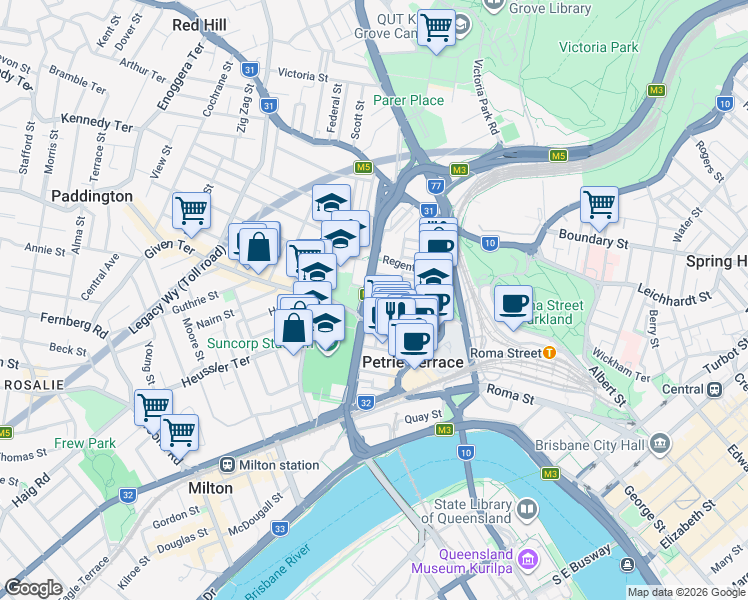 map of restaurants, bars, coffee shops, grocery stores, and more near 161 Hale Street in Petrie Terrace
