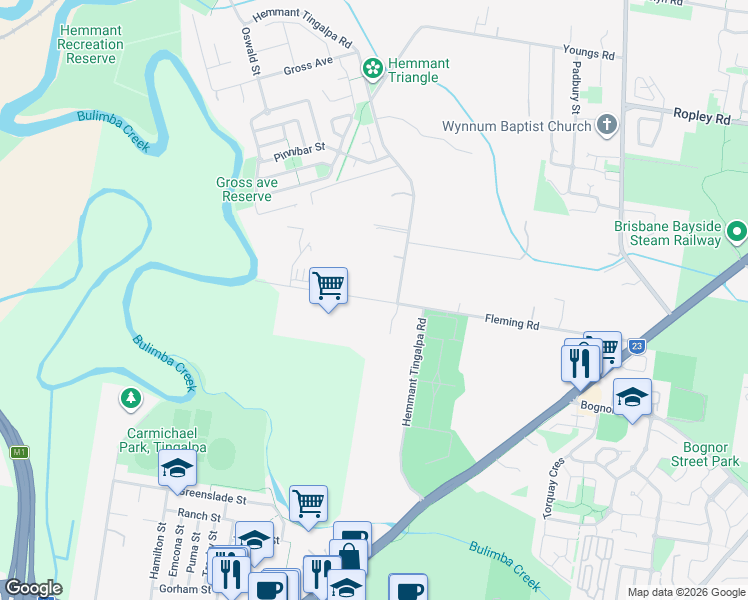 map of restaurants, bars, coffee shops, grocery stores, and more near Fleming Road in Hemmant
