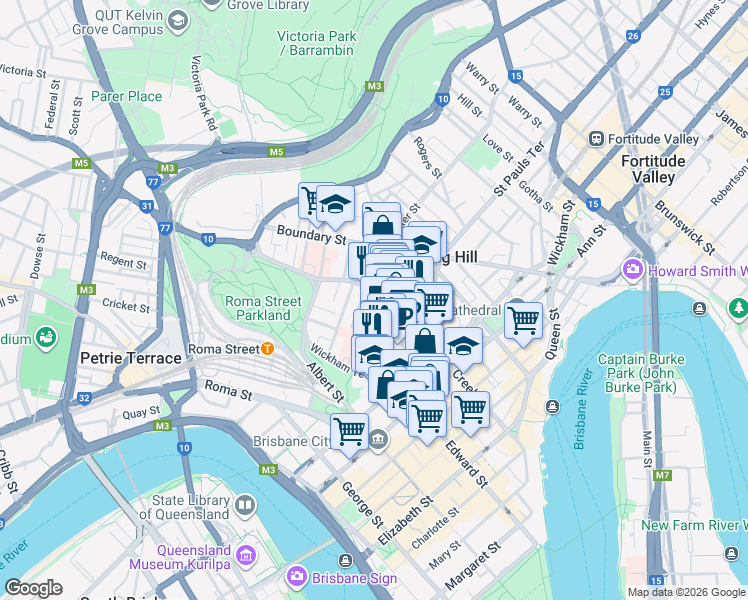 map of restaurants, bars, coffee shops, grocery stores, and more near 93 Leichhardt Street in Spring Hill