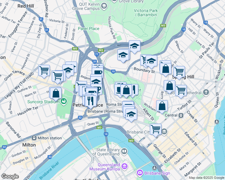 map of restaurants, bars, coffee shops, grocery stores, and more near 7 Parkland Boulevard in Brisbane City