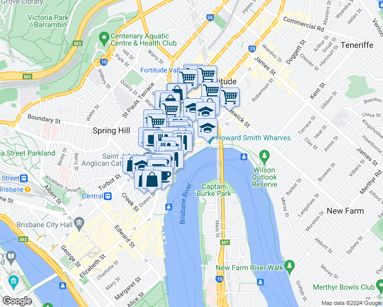 map of restaurants, bars, coffee shops, grocery stores, and more near 32 Macrossan Street in Brisbane
