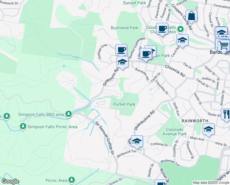 map of restaurants, bars, coffee shops, grocery stores, and more near 390 Simpsons Road in Bardon