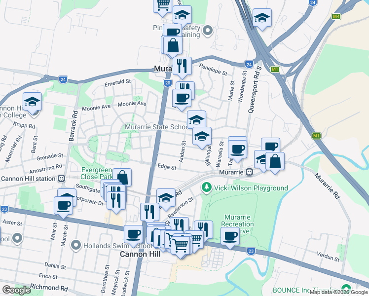 map of restaurants, bars, coffee shops, grocery stores, and more near 29 Walter Street in Murarrie