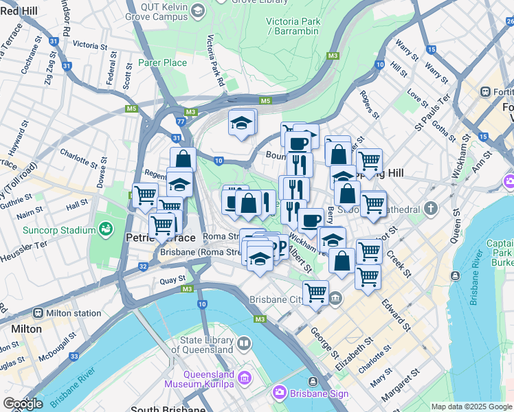 map of restaurants, bars, coffee shops, grocery stores, and more near 1 Parkland Boulevard in Brisbane City