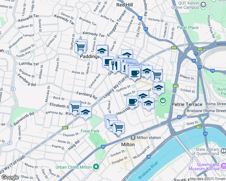 map of restaurants, bars, coffee shops, grocery stores, and more near 71 Guthrie Street in Paddington