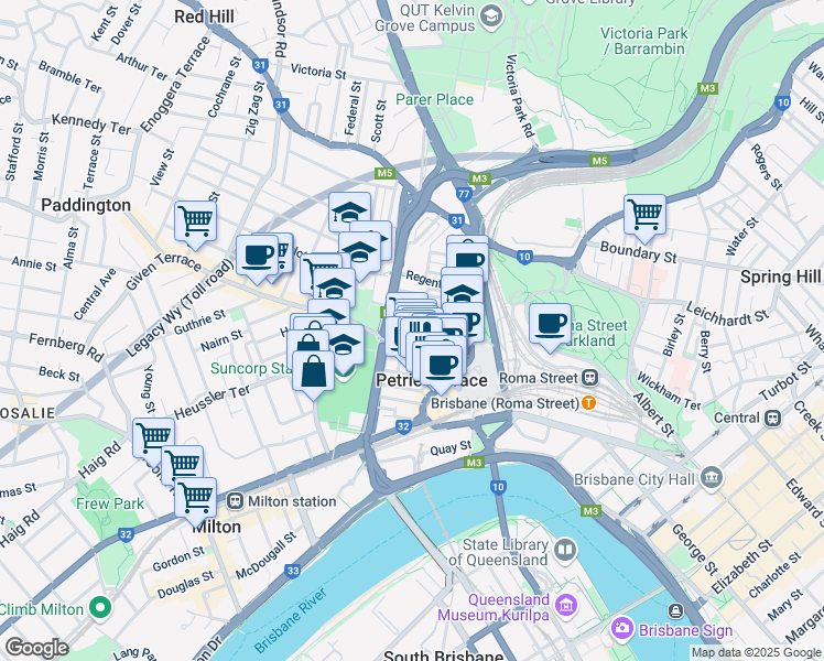 map of restaurants, bars, coffee shops, grocery stores, and more near 96 Cricket Street in Petrie Terrace