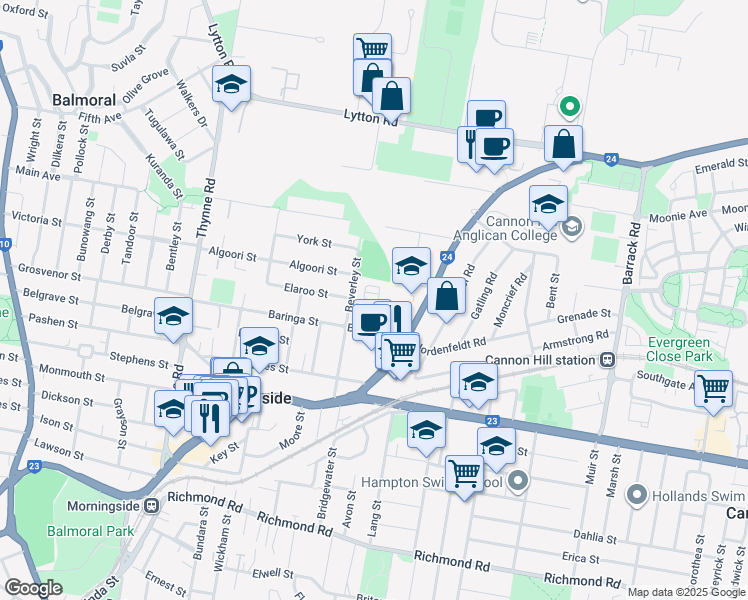 map of restaurants, bars, coffee shops, grocery stores, and more near 140 Baringa Street in Morningside