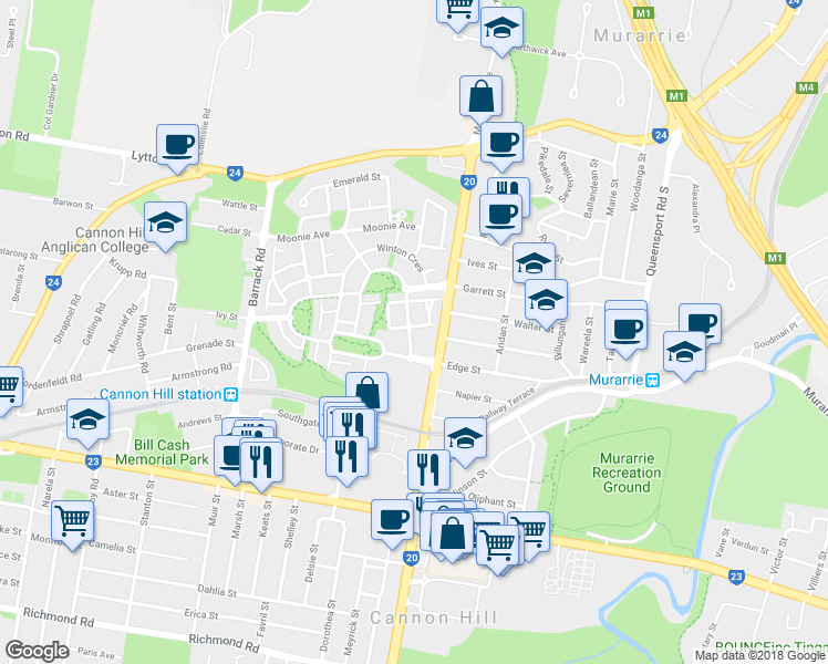 map of restaurants, bars, coffee shops, grocery stores, and more near 1 Cory Place in Murarrie