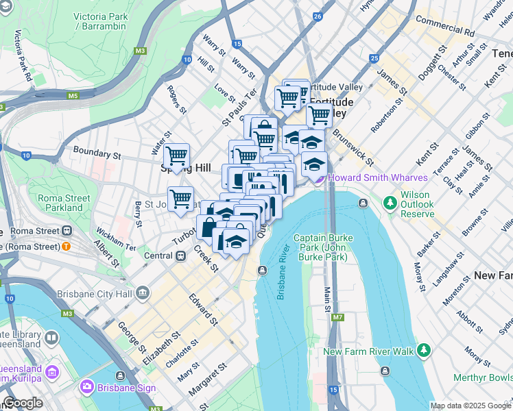 map of restaurants, bars, coffee shops, grocery stores, and more near 540 Queen Street in Brisbane