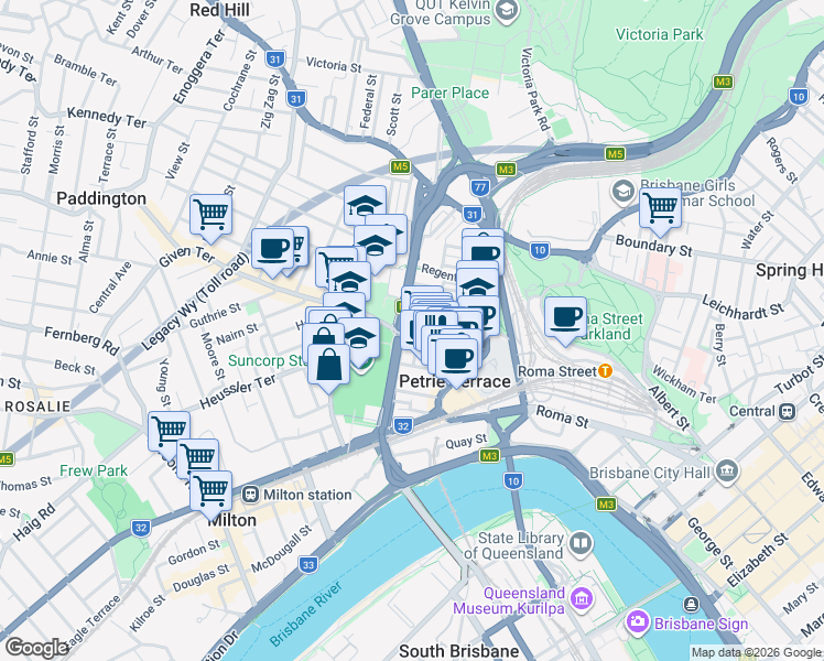 map of restaurants, bars, coffee shops, grocery stores, and more near 97 Caxton Street in Brisbane