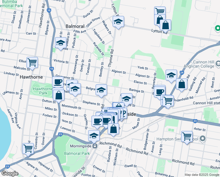 map of restaurants, bars, coffee shops, grocery stores, and more near 9 Baringa Street in Morningside