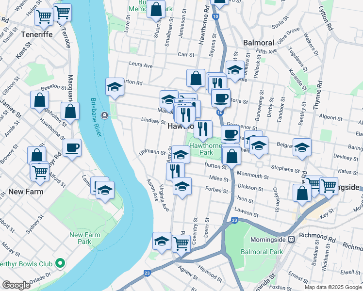 map of restaurants, bars, coffee shops, grocery stores, and more near 220 Hawthorne Road in Hawthorne