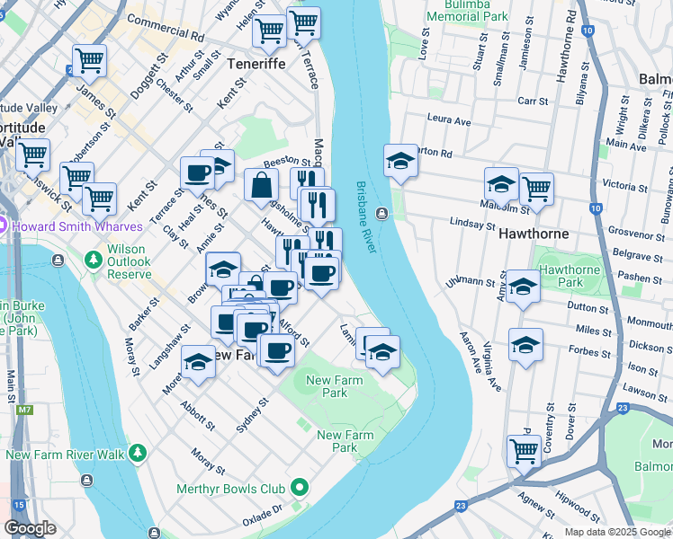 map of restaurants, bars, coffee shops, grocery stores, and more near 1 Gray Street in New Farm