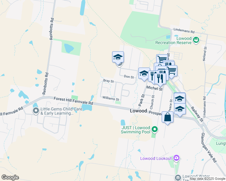 map of restaurants, bars, coffee shops, grocery stores, and more near 12 Mc Innes Street in Lowood