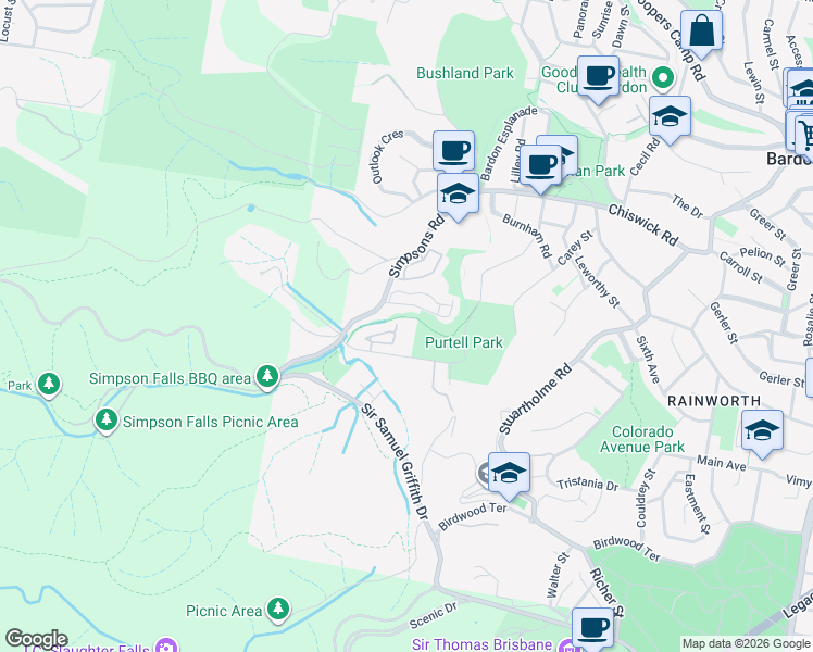 map of restaurants, bars, coffee shops, grocery stores, and more near 36 Carwoola Street in Bardon