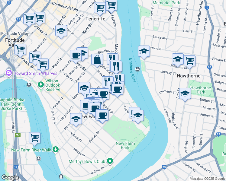 map of restaurants, bars, coffee shops, grocery stores, and more near 159 Merthyr Road in New Farm