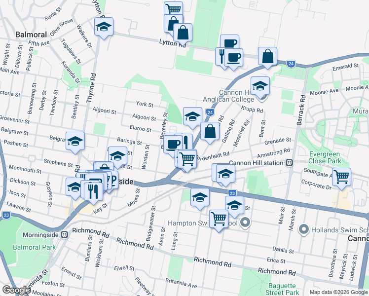 map of restaurants, bars, coffee shops, grocery stores, and more near 148 Baringa Street in Morningside