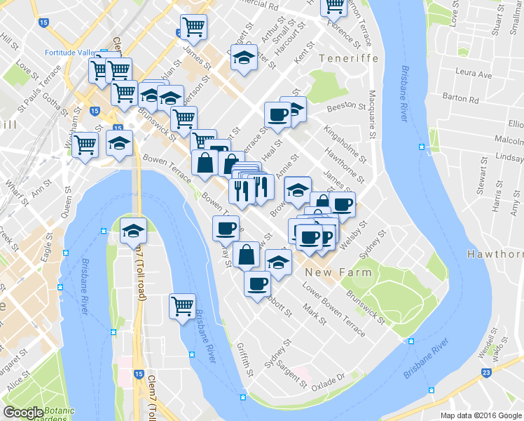 map of restaurants, bars, coffee shops, grocery stores, and more near 746 Brunswick Street in New Farm