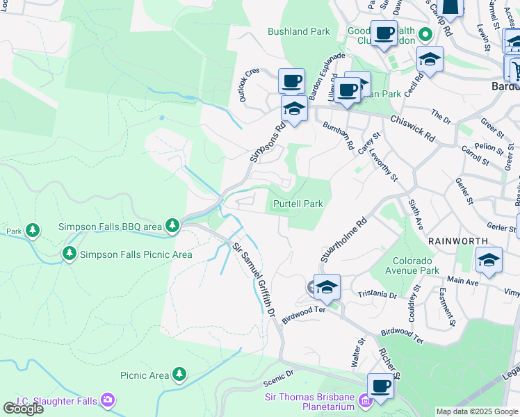 map of restaurants, bars, coffee shops, grocery stores, and more near 36 Carwoola Street in Bardon