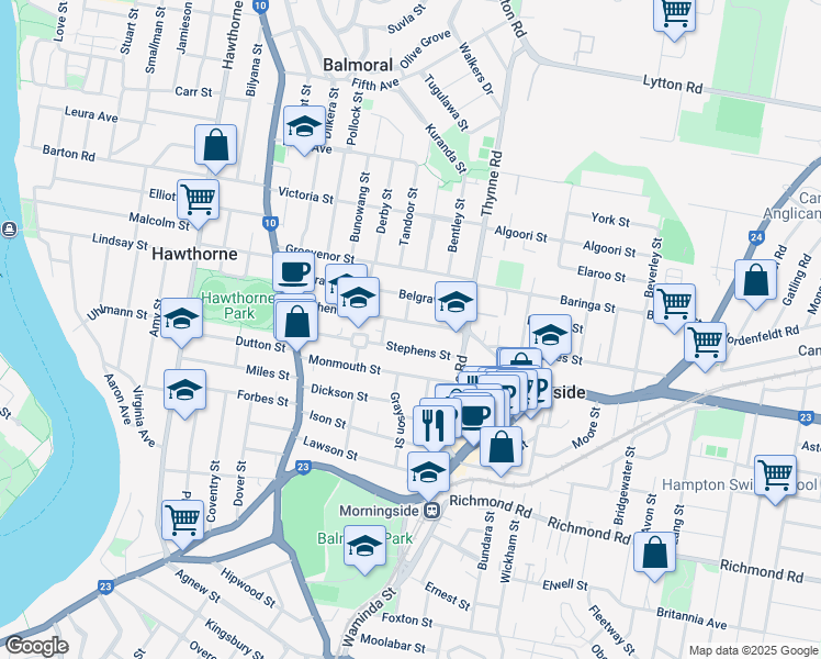 map of restaurants, bars, coffee shops, grocery stores, and more near 101 Pashen Street in Morningside