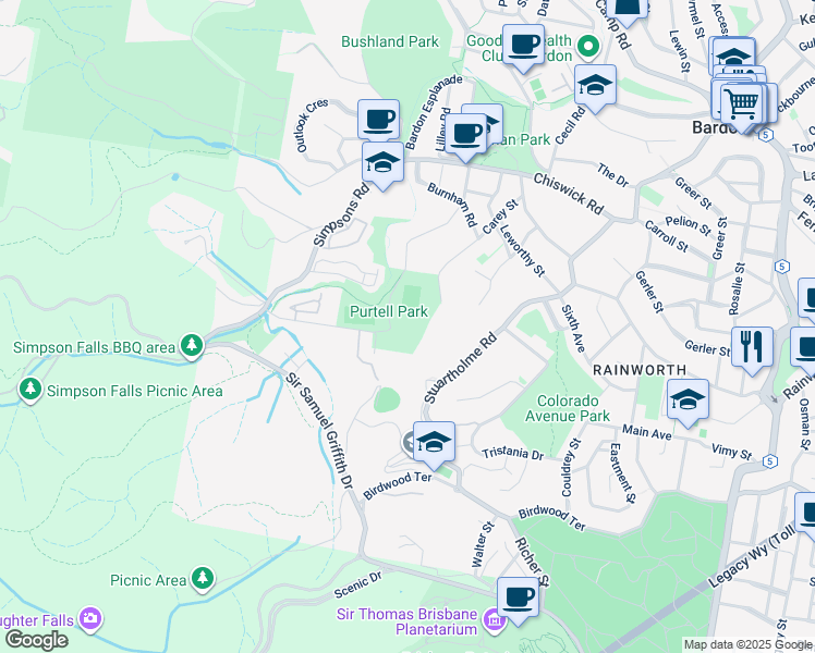 map of restaurants, bars, coffee shops, grocery stores, and more near 57 Carwoola Street in Bardon