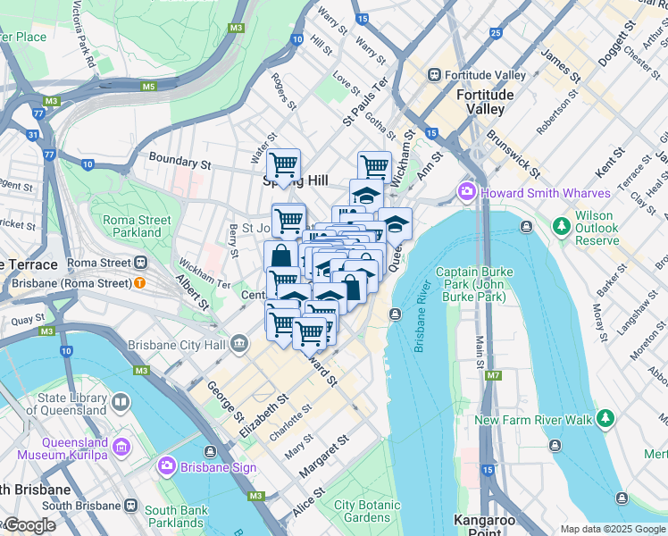 map of restaurants, bars, coffee shops, grocery stores, and more near 333 Ann Street in Brisbane City