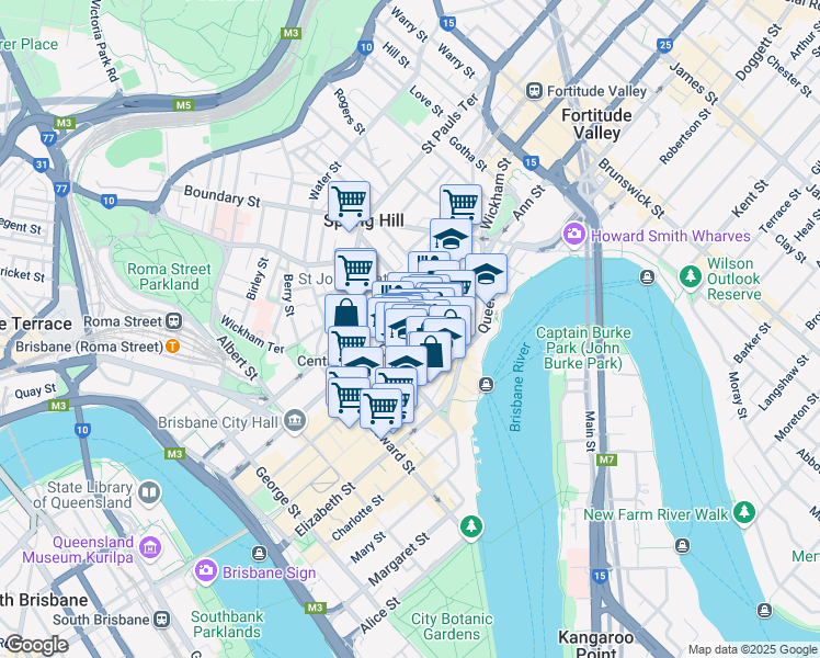 map of restaurants, bars, coffee shops, grocery stores, and more near 333 Ann Street in Brisbane