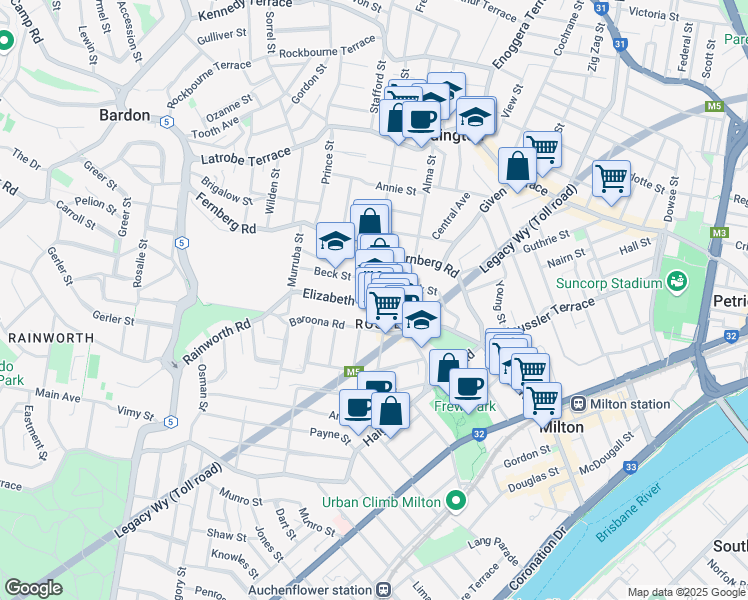 map of restaurants, bars, coffee shops, grocery stores, and more near 55 Elizabeth Street in Paddington