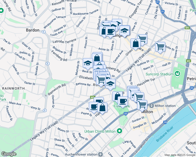 map of restaurants, bars, coffee shops, grocery stores, and more near 55 Elizabeth Street in Paddington