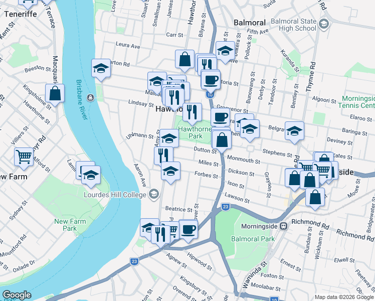map of restaurants, bars, coffee shops, grocery stores, and more near 58 Dutton Street in Hawthorne