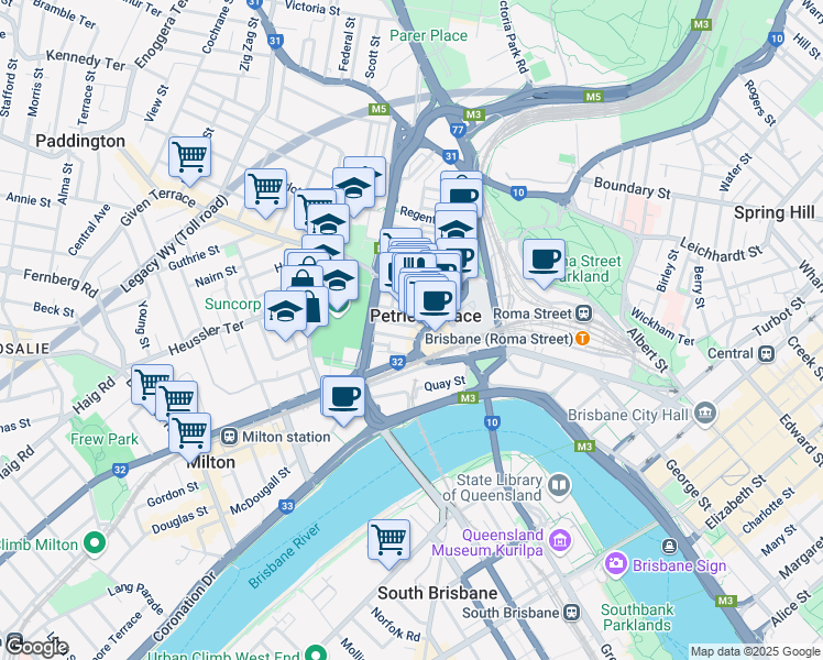 map of restaurants, bars, coffee shops, grocery stores, and more near 32 Petrie Terrace in Brisbane