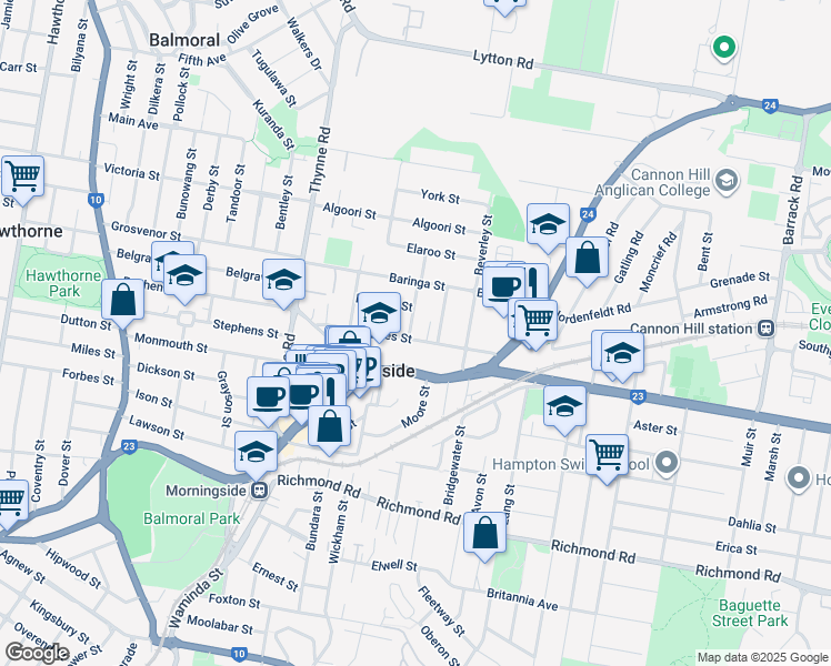 map of restaurants, bars, coffee shops, grocery stores, and more near 72 Kates Street in Morningside