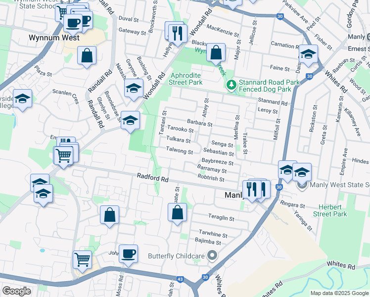 map of restaurants, bars, coffee shops, grocery stores, and more near 28 Talwong Street in Manly West