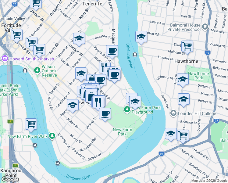 map of restaurants, bars, coffee shops, grocery stores, and more near 166 Sydney Street in New Farm