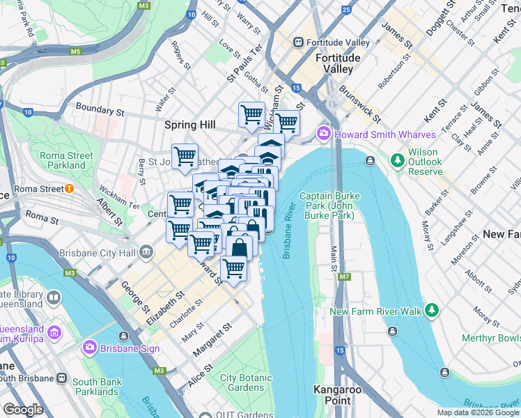 map of restaurants, bars, coffee shops, grocery stores, and more near 175 Eagle Street in Brisbane