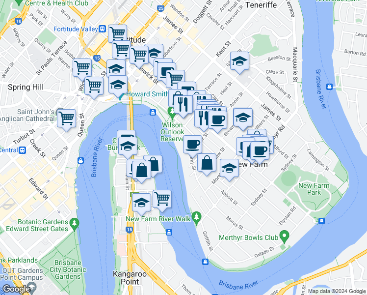map of restaurants, bars, coffee shops, grocery stores, and more near 63 Moray Street in New Farm