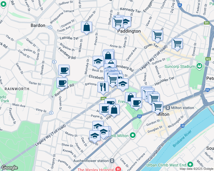 map of restaurants, bars, coffee shops, grocery stores, and more near 179 Baroona Road in Paddington