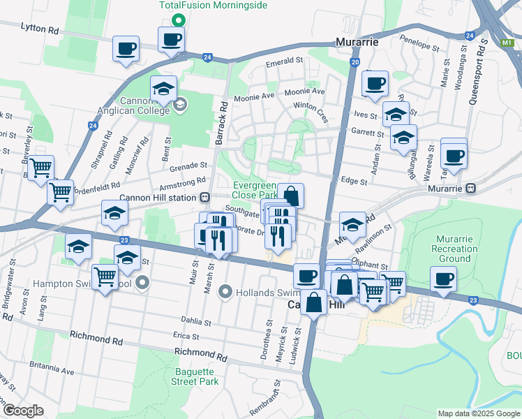 map of restaurants, bars, coffee shops, grocery stores, and more near 73 Southgate Avenue in Cannon Hill
