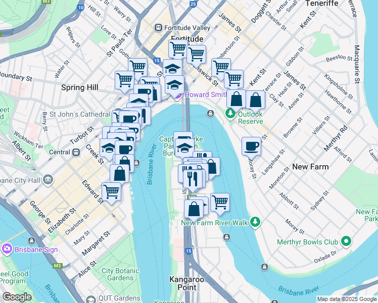 map of restaurants, bars, coffee shops, grocery stores, and more near 234 Main Street in Kangaroo Point
