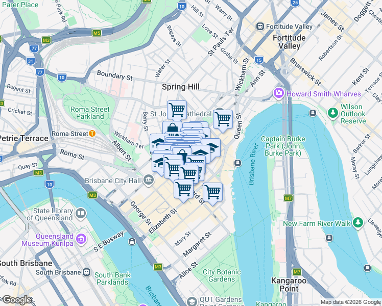 map of restaurants, bars, coffee shops, grocery stores, and more near 140 Creek Street in Brisbane City