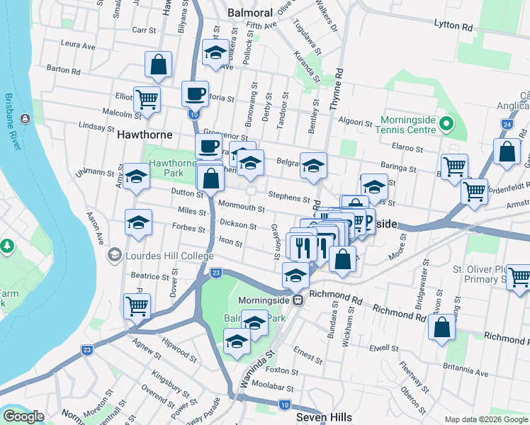 map of restaurants, bars, coffee shops, grocery stores, and more near 63 Monmouth Street in Morningside