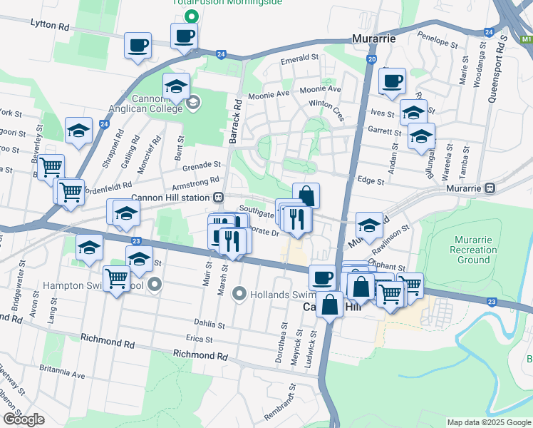 map of restaurants, bars, coffee shops, grocery stores, and more near Southgate Avenue in Cannon Hill