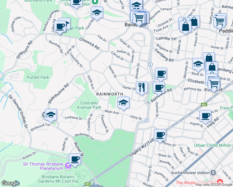 map of restaurants, bars, coffee shops, grocery stores, and more near 133 Boundary Road in Bardon